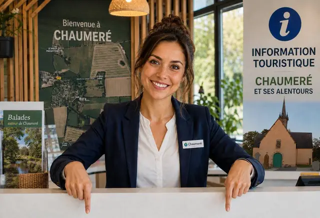 Accueil chaleureux à l'office de tourisme : une conseillère souriante devant une carte aérienne « Bienvenue à Chaumeré »