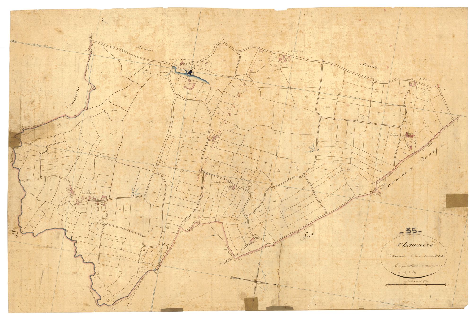 Feuille détaillée du plan cadastral de Chaumeré : le bourg, l'église, la mare, et le hameau de La Claye, avec les parcelles numérotées