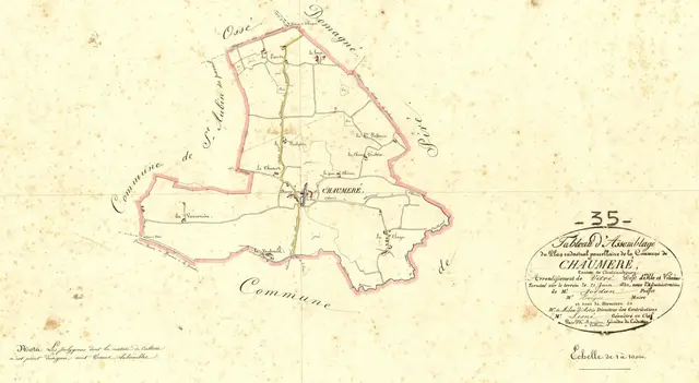 Tableau d'assemblage du plan cadastral de la commune de Chaumeré, dessiné à la main en 1830 : le contour de la commune, ses chemins et ses hameaux