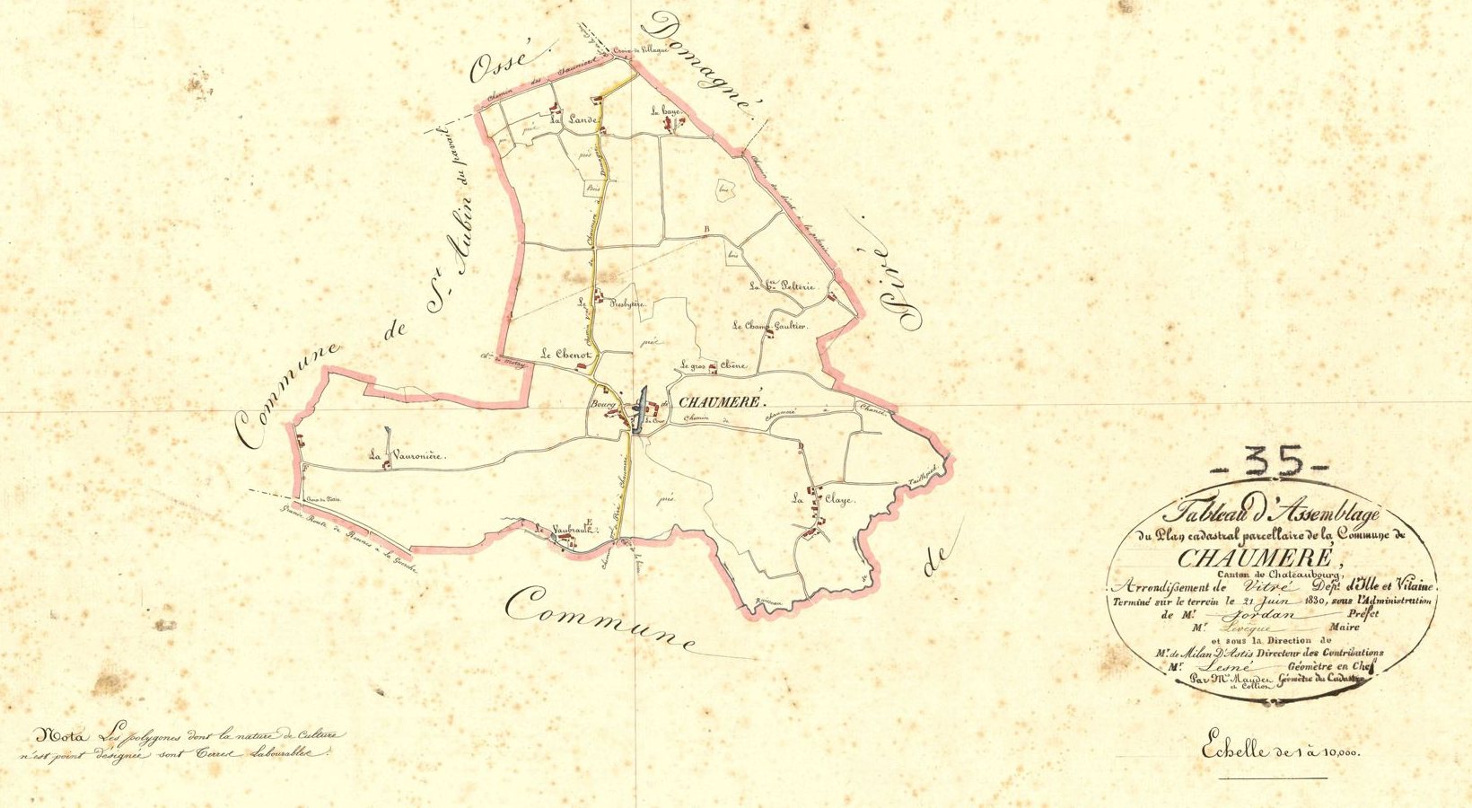 Tableau d'assemblage du plan cadastral de la commune de Chaumeré, dessiné à la main en 1830 : le contour de la commune, ses chemins et ses hameaux