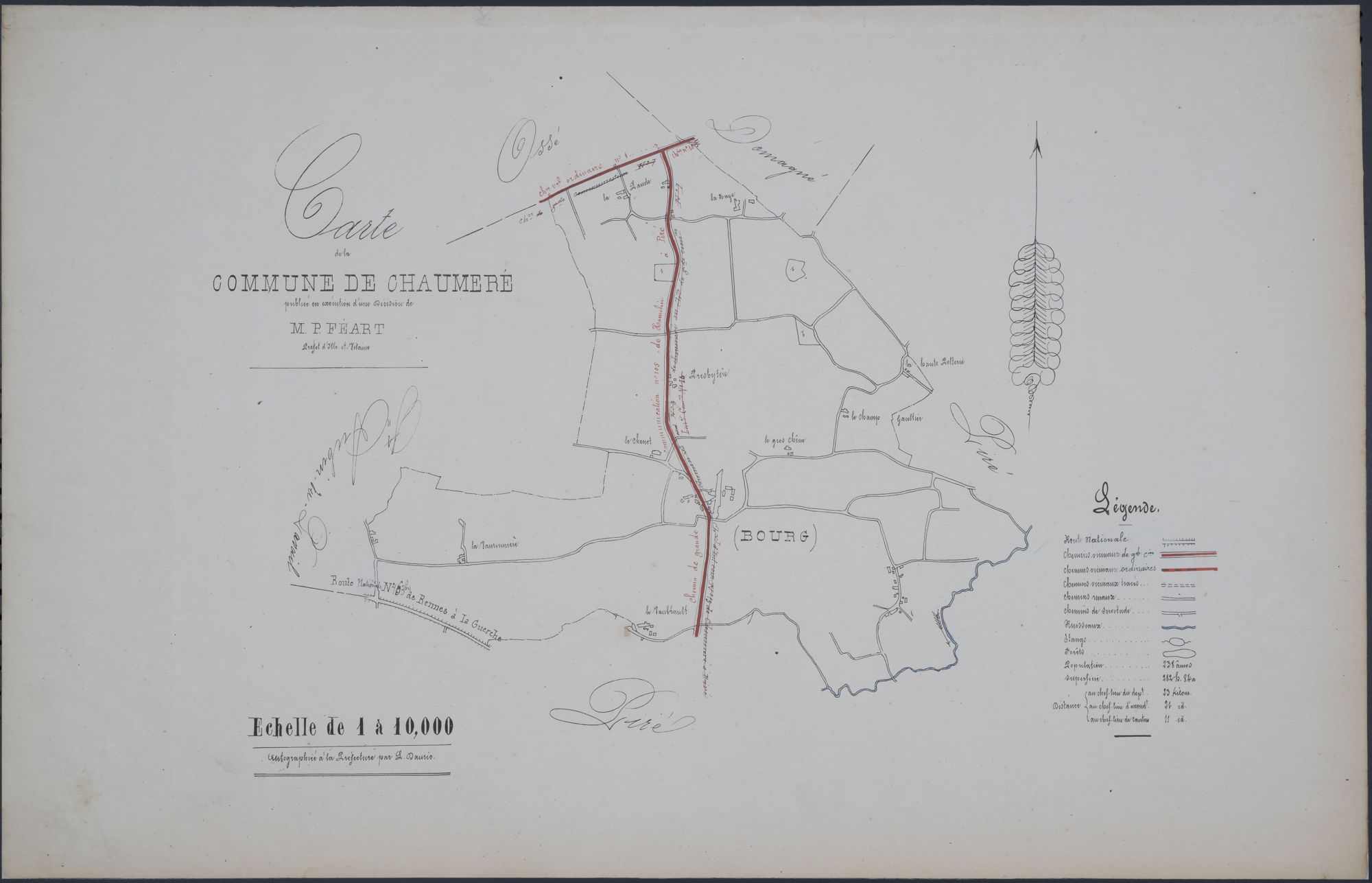 Carte de la commune de Chaumeré avec ses chemins vicinaux tracés en rouge et sa légende