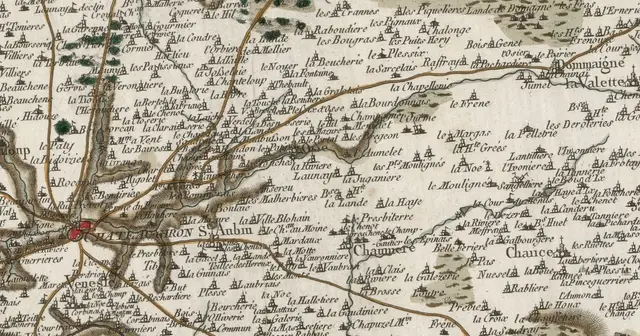 Extrait de la carte de Cassini autour de Chaumeré : hameaux dessinés par de petits symboles, avec les noms de Chaumeré, La Lande, La Haye, Le Presbytère, Domagné (Dommaigné) et les communes voisines