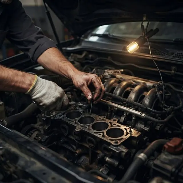 Mains d'un mécanicien gantées travaillant sur un moteur de voiture sous une lampe d'atelier