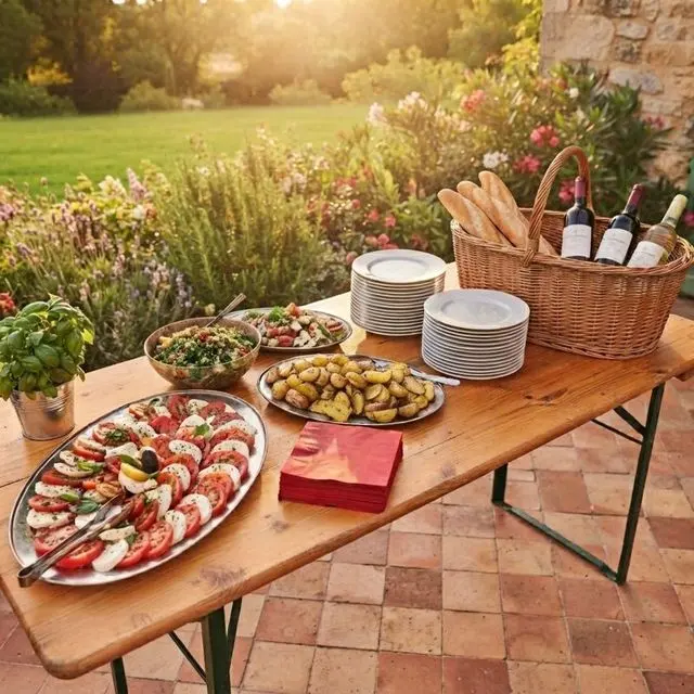 Table de village dressée en plein air : salades, pommes de terre rôties, pain, vin et pile d'assiettes, dans un jardin fleuri