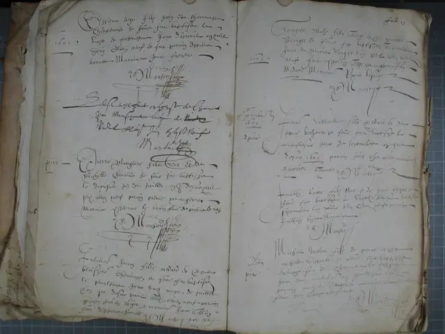 Double page du registre de Chaumeré en 1609 : des baptêmes écrits à la main, très courts, la signature « Manson » sous chaque acte