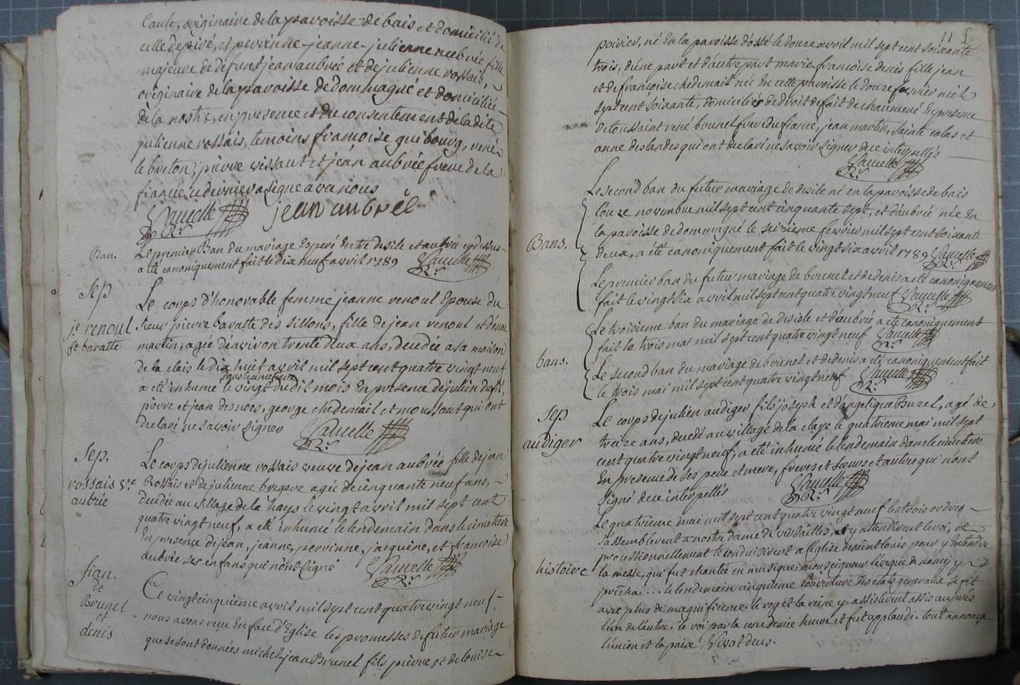 Double page du registre paroissial de 1789 : baptêmes, mariages et sépultures, avec une note en marge consacrée à l'ouverture des États généraux