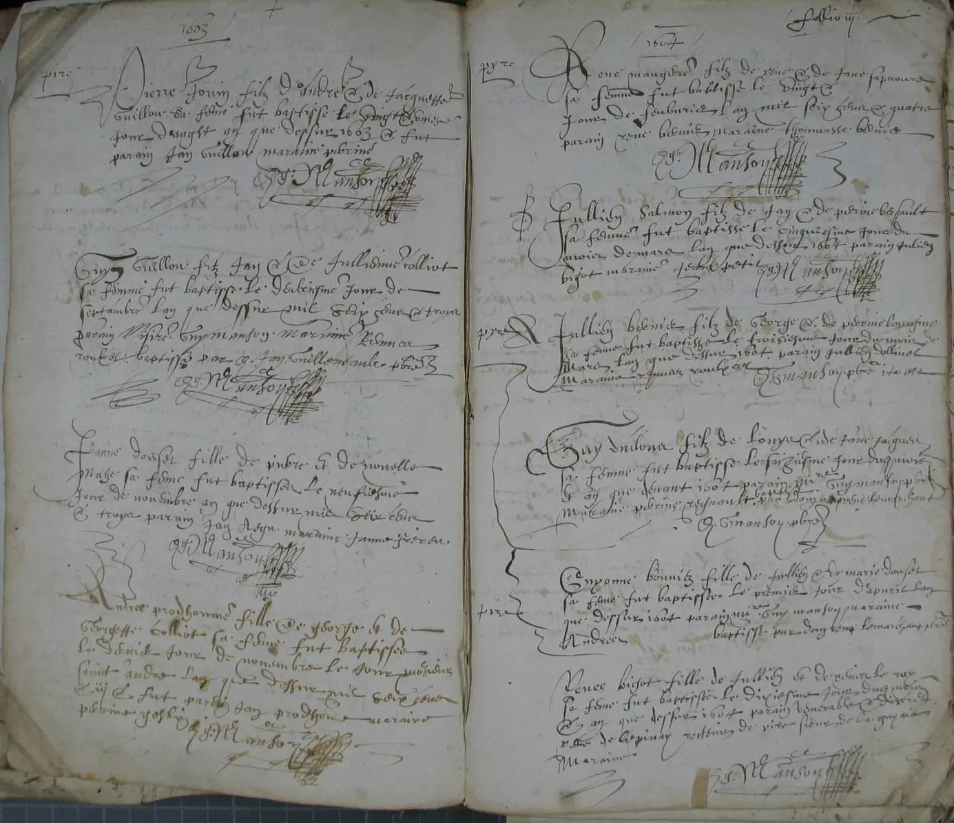 Double page d'un registre de baptêmes de Chaumeré de 1603 et 1604, écrit à la plume