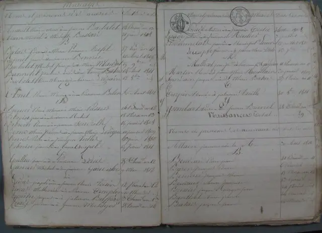 Table décennale de 1803 à 1812 : listes alphabétiques des mariés et des nouveau-nés avec la date de l'acte, dont certaines en calendrier républicain