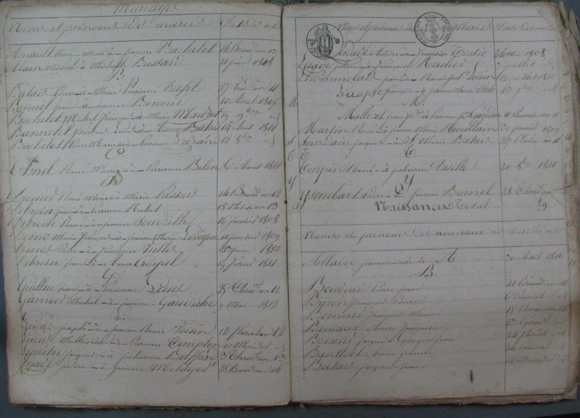 Table décennale de 1803 à 1812 : listes alphabétiques des mariés et des nouveau-nés avec la date de l'acte, dont certaines en calendrier républicain
