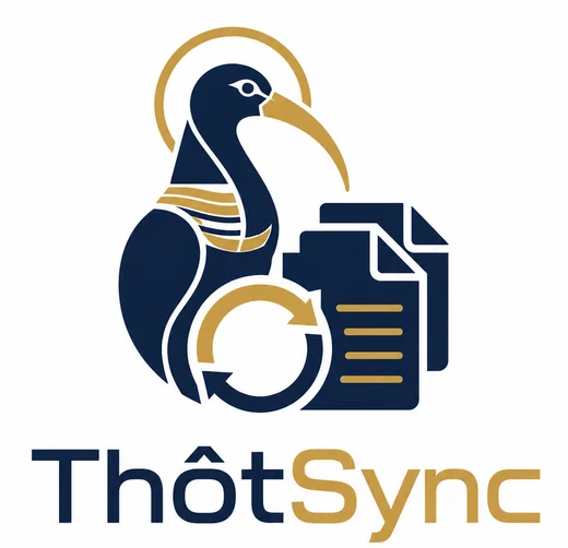 Logo de ThotSync : un ibis bleu nuit et or, des pages et une flèche circulaire